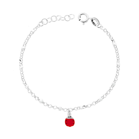 Bracciale Bimbo Bimba Catena Rolo Diamantata con Coccinella smalto Rosso e Bianco in ARGENTO 925