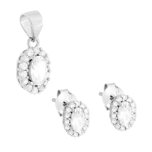 Parure Set Orecchini Ciondolo Ovale Bianco contornato da Cubic Zirconia Bianchi in ARGENTO 925 Galvanica Rodio