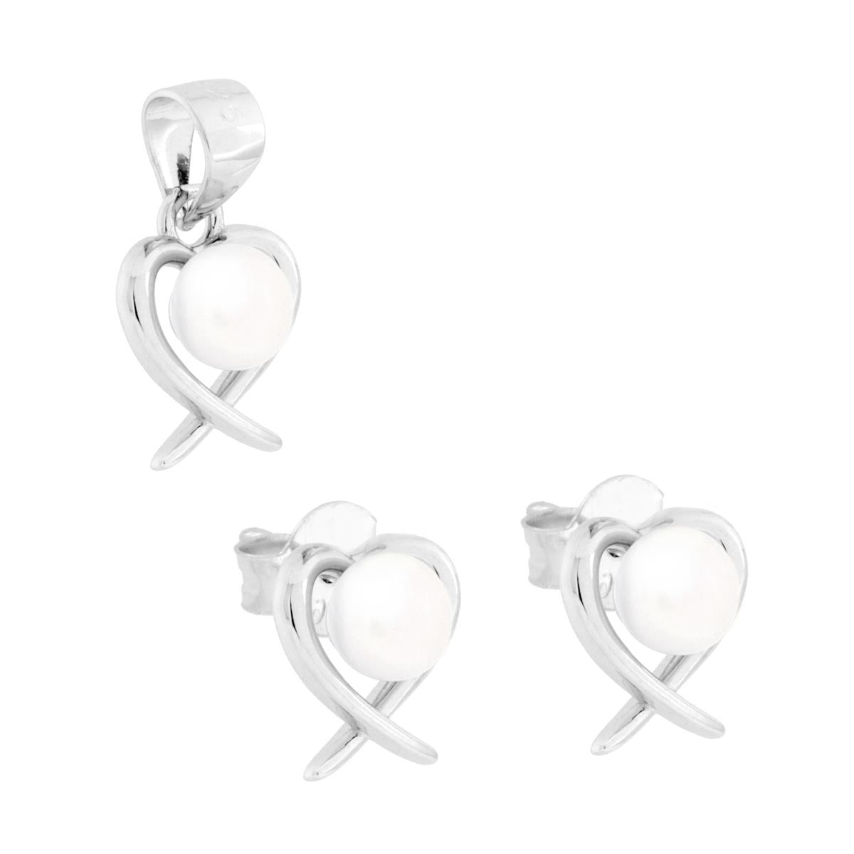 Parure Set Orecchini e Ciondolo Cuore con Perla e Cubic Zirconia Bianchi in ARGENTO 925 Galvanica Rodio