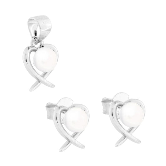 Parure Set Orecchini e Ciondolo Cuore con Perla e Cubic Zirconia Bianchi in ARGENTO 925 Galvanica Rodio