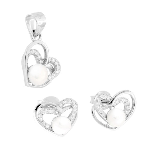 Parure Set Orecchini e Ciondolo Cuori con Perla e Cubic Zirconia Bianchi in ARGENTO 925 Galvanica Rodio