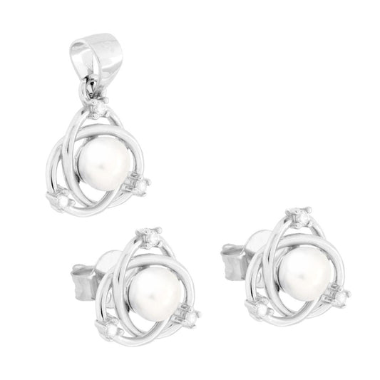 Parure Set Orecchini e Ciondolo Galassia con Perla e Cubic Zirconia Bianchi in ARGENTO 925 Galvanica Rodio