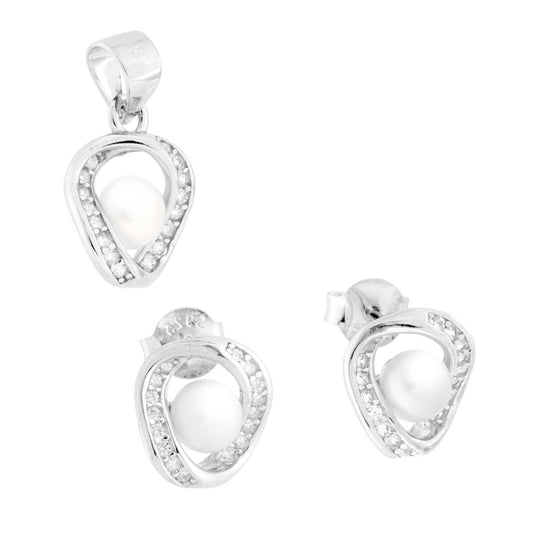 Parure Set Orecchini e Ciondolo Nastro con Perla e Cubic Zirconia Bianchi in ARGENTO 925 Galvanica Rodio