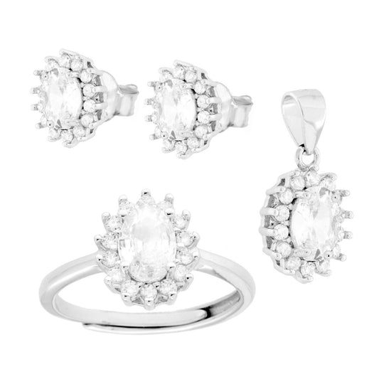 Parure Set Orecchini Ciondolo e Anello Ovale Bianco contornato da Cubic Zirconia Bianchi in ARGENTO 925 Galvanica Rodio