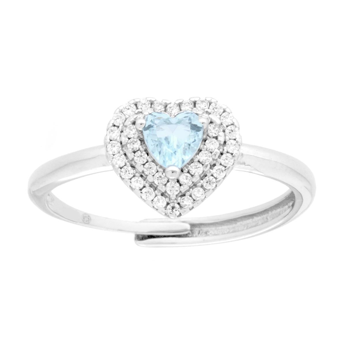 Anello Solitario con Cuore Cubic Zirconia Acquamarina e Bianchi in ARGENTO 925 Galvanica Rodio