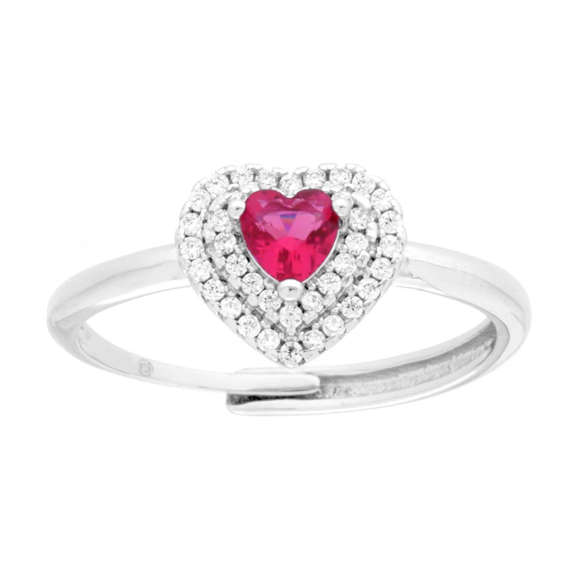 Anello Solitario con Cuore Cubic Zirconia Rosso Rubino e Bianchi in ARGENTO 925 Galvanica Rodio