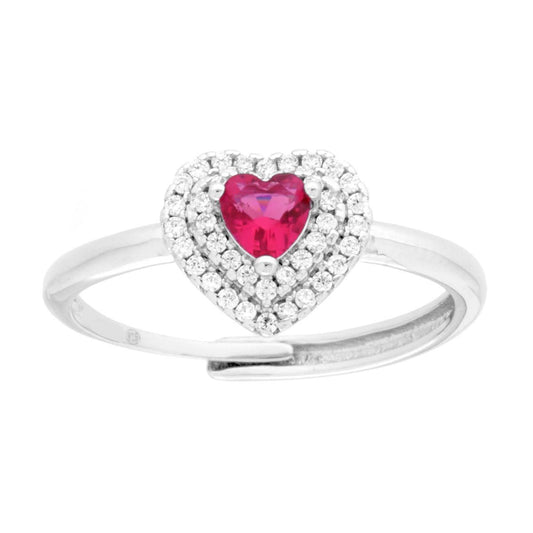 Anello Solitario con Cuore Cubic Zirconia Rosso Rubino e Bianchi in ARGENTO 925 Galvanica Rodio