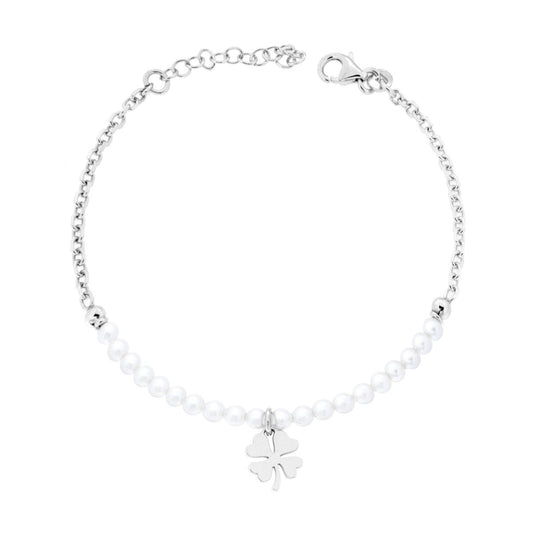 Bracciale Catena Forzatina Diamantata e Filo Perla Bianca in vetro perlato con Quadrifoglio in ARGENTO 925 Galvanica Rodio