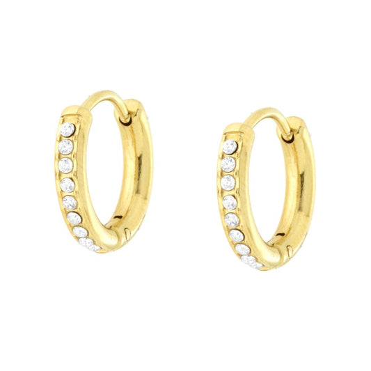 Orecchini Cerchio mm 13 con Crystal Bianchi in ACCIAIO colore Oro
