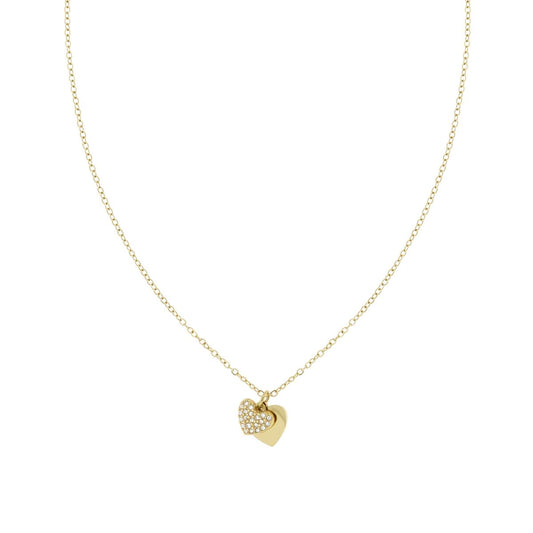 Collana Catena Forzatina Diamantata con doppio Cuore Plain e Crystal Bianchi in ACCIAIO colore Oro