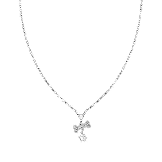 Collana Catena Forzatina Diamantata con Cuore Osso Zampa e Crystal Bianchi in ACCIAIO