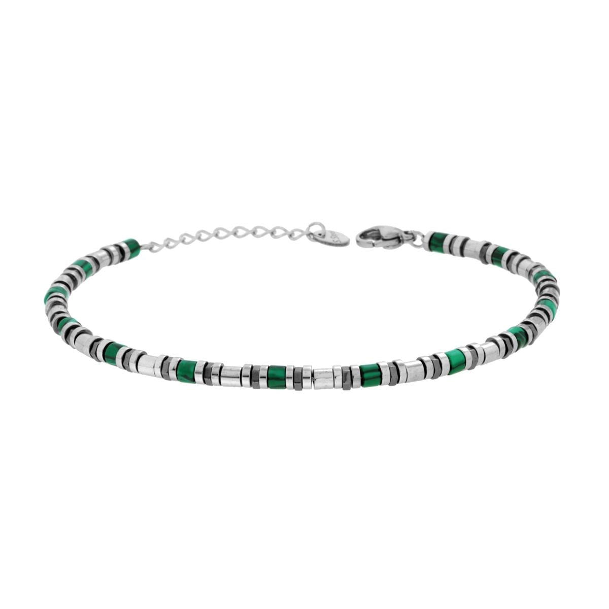 Bracciale Catena con Cilindretti e Pietre colore Verde Malachite in ACCIAIO