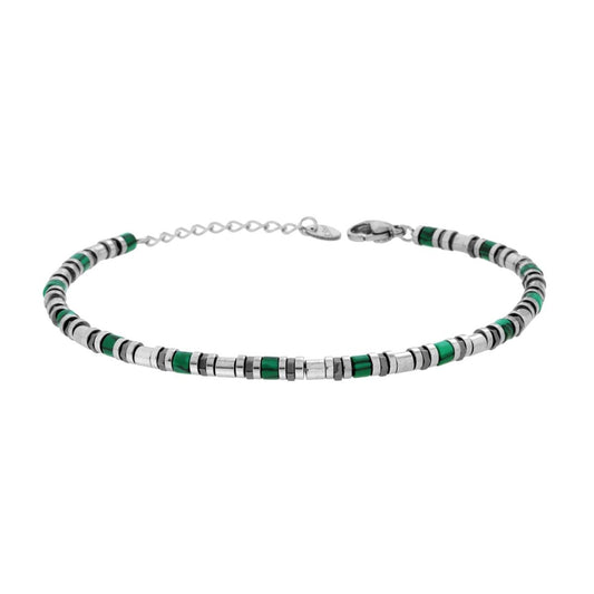 Bracciale Catena con Cilindretti e Pietre colore Verde Malachite in ACCIAIO