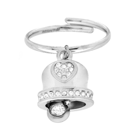 Anello con Campanella pendente con Cuore e Crystal Bianchi in ACCIAIO