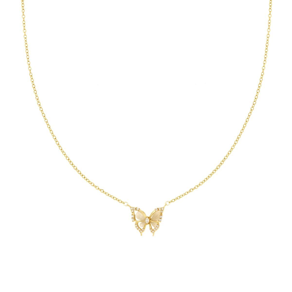 Collana Catena Forzatina con Farfalla in Madreperla e con Crystal Bianchi in ACCIAIO colore Oro