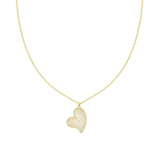 Collana Catena Forzatina con Cuore bombato e Crystal Bianchi in ACCIAIO colore Oro