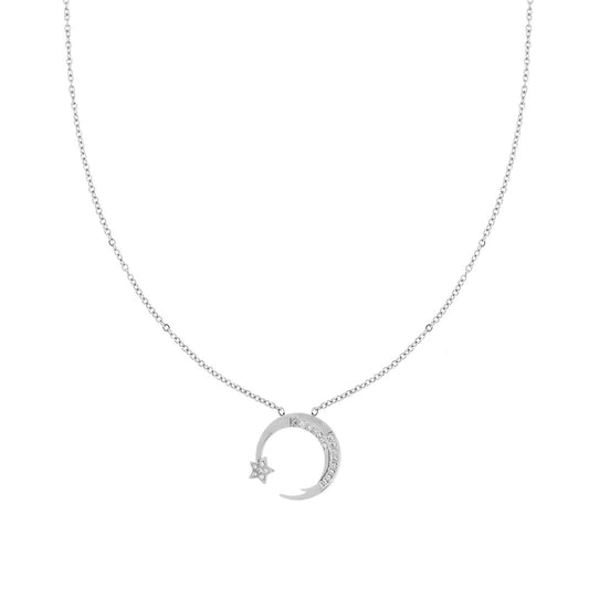 Collana Catena Forzatina con Luna Stella e Crystal Bianchi in ACCIAIO