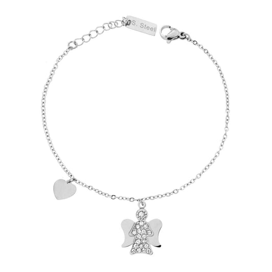 Bracciale Catena Forzatina Diamantata con Cuore e Angelo con Crystal Bianchi in ACCIAIO