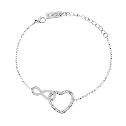 Bracciale Catena Forzatina Diamantata con Cuore e Infinito in ACCIAIO