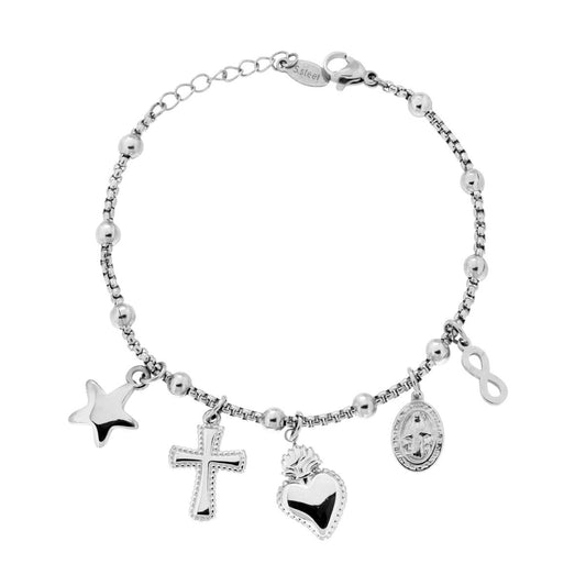 Bracciale Catena Veneziana tonda con Charms Cuore Votivo Croce Madonnina Infinito Stella in ACCIAIO
