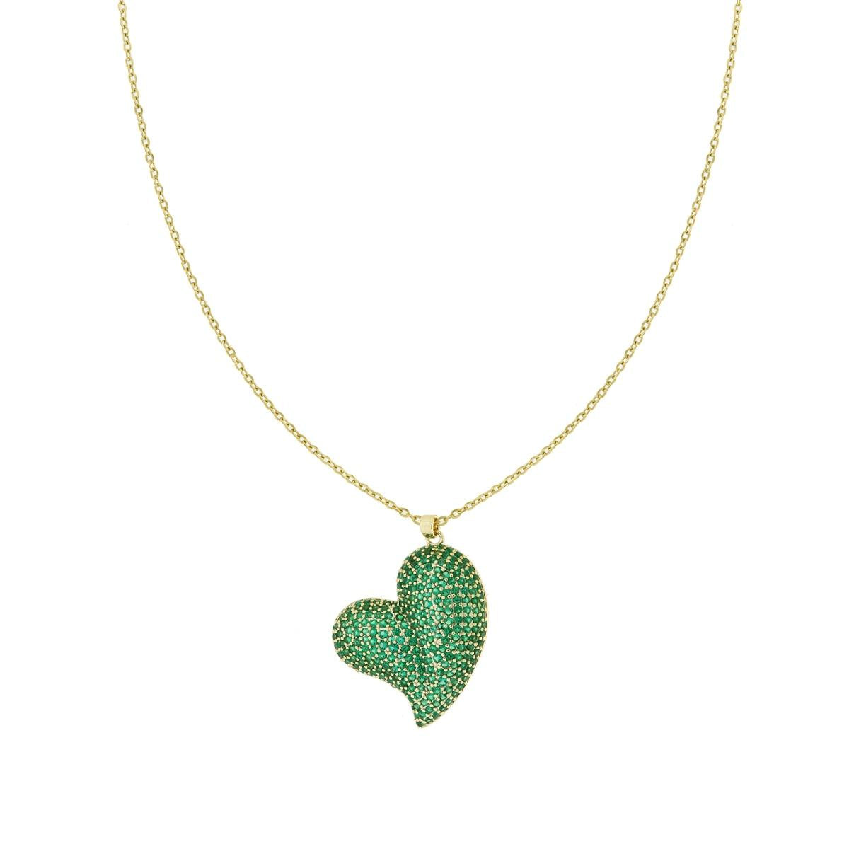 Collana Catena Forzatina con Cuore bombato e Crystal Verde Smeraldo in ACCIAIO e OTTONE colore Oro