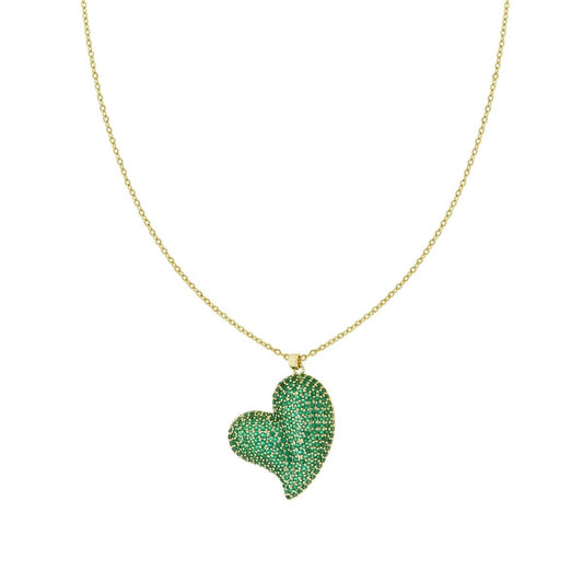 Collana Catena Forzatina con Cuore bombato e Crystal Verde Smeraldo in ACCIAIO e OTTONE colore Oro