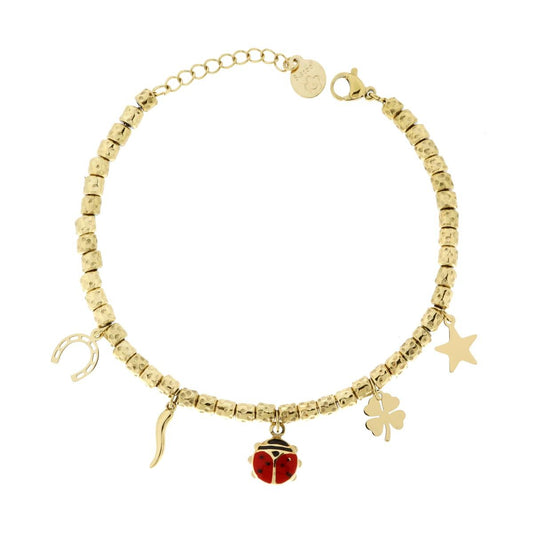 Bracciale Catena Cilindretti Martellati con Coccinella smalto Rosso e Charms Portafortuna in ACCIAIO colore Oro