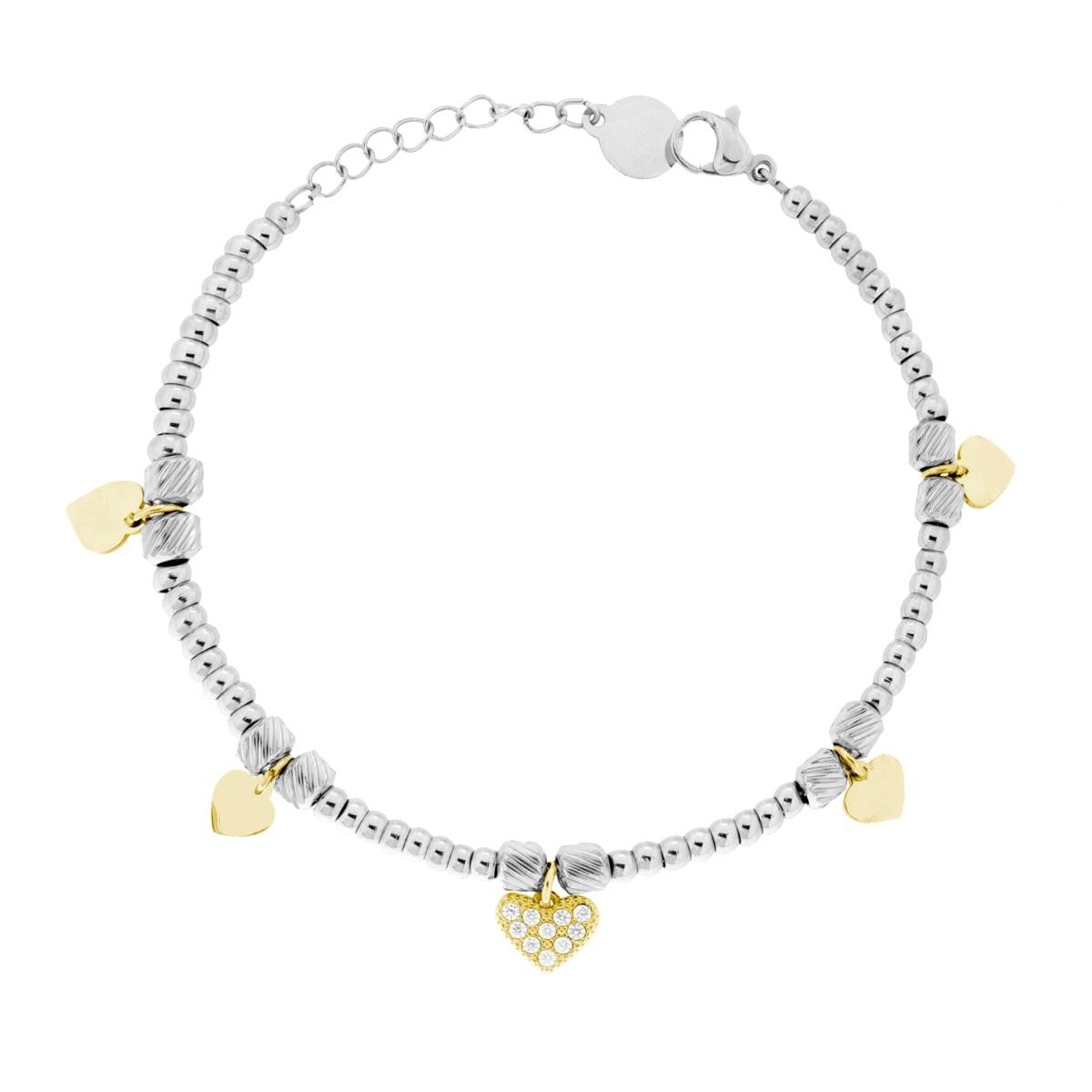 Bracciale Catena Palline con Cuori colore Oro plain e con Crystal Bianchi pendenti in ACCIAIO