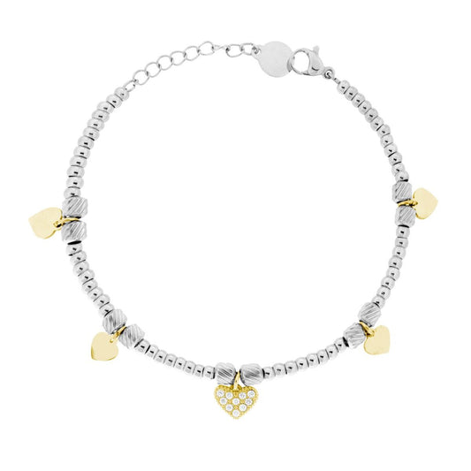 Bracciale Catena Palline con Cuori colore Oro plain e con Crystal Bianchi pendenti in ACCIAIO
