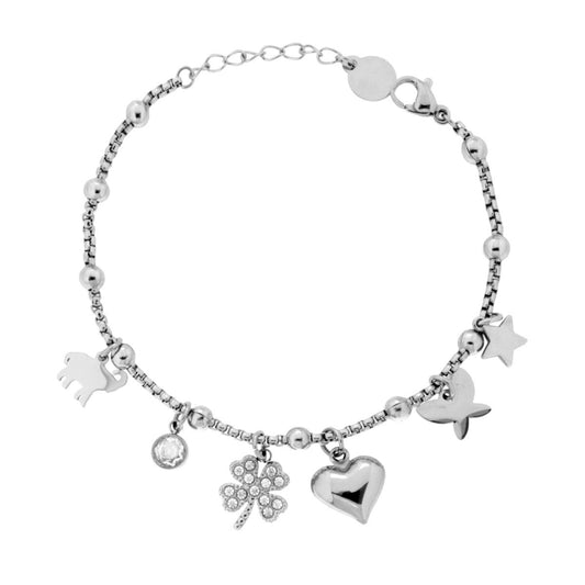 Bracciale Catena Veneziana Tonda con Cuore Bombato e Charms portafortuna con Crystal Bianchi in ACCIAIO