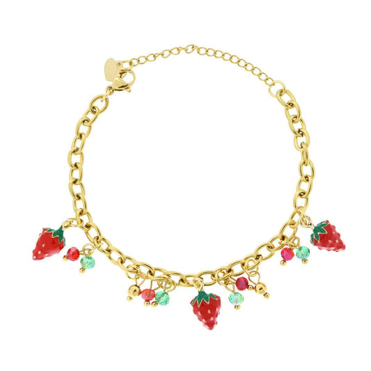 Bracciale Catena Forzatina con Fragole Smalto Rosso e Crystal Multicolor in ACCIAIO colore Oro