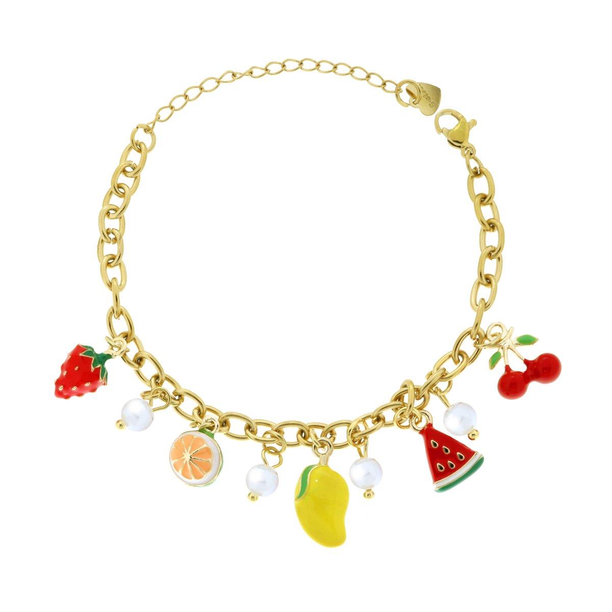 Bracciale Catena Forzatina con Charms Frutta Smalto Multicolor e Perle in ACCIAIO colore Oro