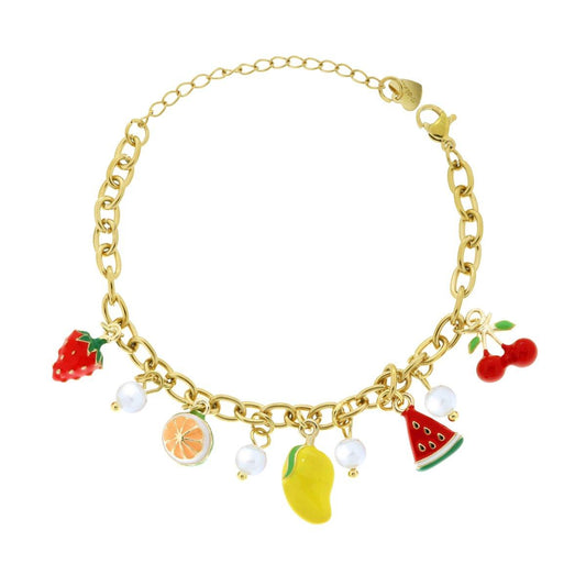 Bracciale Catena Forzatina con Charms Frutta Smalto Multicolor e Perle in ACCIAIO colore Oro