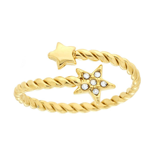 Anello filo Torchon Contrarie con Stelle e Crystal Bianco in ACCIAIO colore Oro