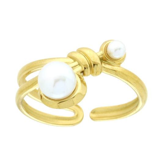 Anello filo con Nodo e Perle Bianche in ACCIAIO colore Oro