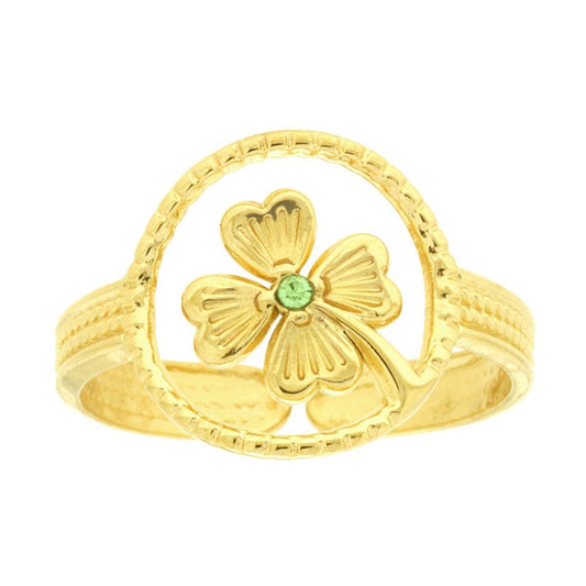 Anello Pallinato con Quadrifoglio e Crystal Verde in ACCIAIO colore Oro