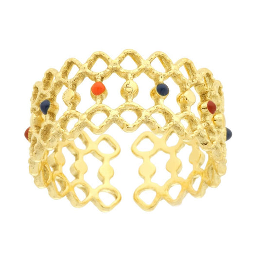 Anello Fascia effetto Rete con Smalti Multicolor in ACCIAIO color Oro