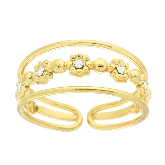 Anello Fascia tre fili con Fiori e Crystal Bianchi in ACCIAIO colore Oro