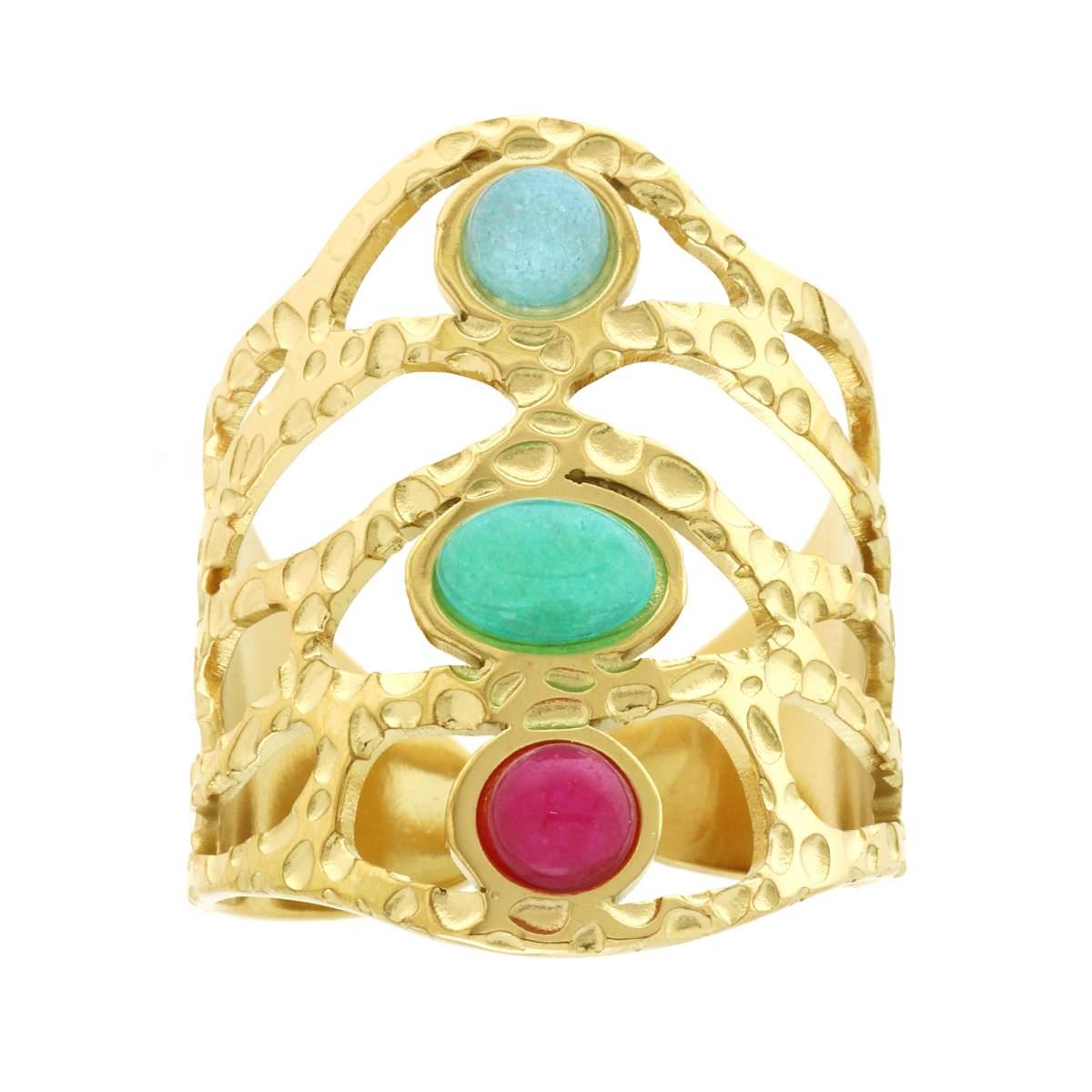 Anello Fascione Ramificato e Martellato con Pietre colore Multicolor in ACCIAIO colore Oro
