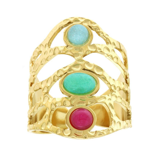 Anello Fascione Ramificato e Martellato con Pietre colore Multicolor in ACCIAIO colore Oro