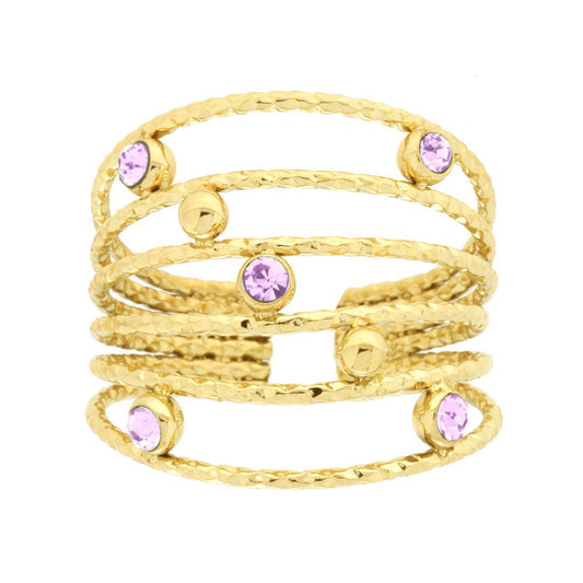 Anello Fascione Multifilo Diamantato con Crystal Lilla e Palline in ACCIAIO colore Oro