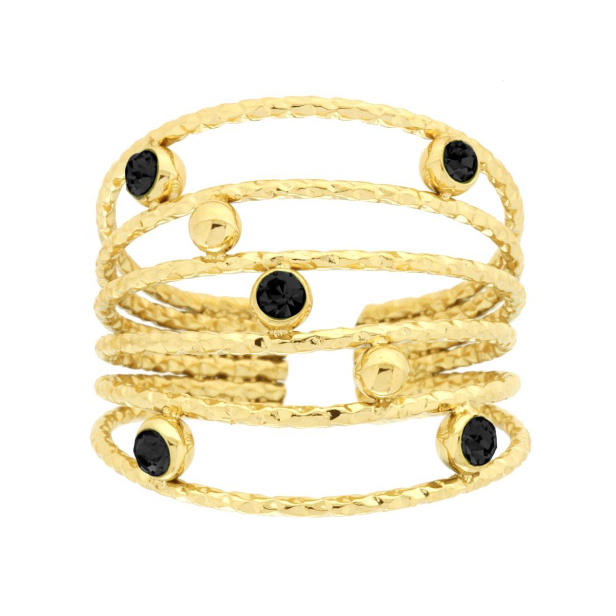 Anello Fascione Multifilo Diamantato con Crystal Nero e Palline in ACCIAIO colore Oro