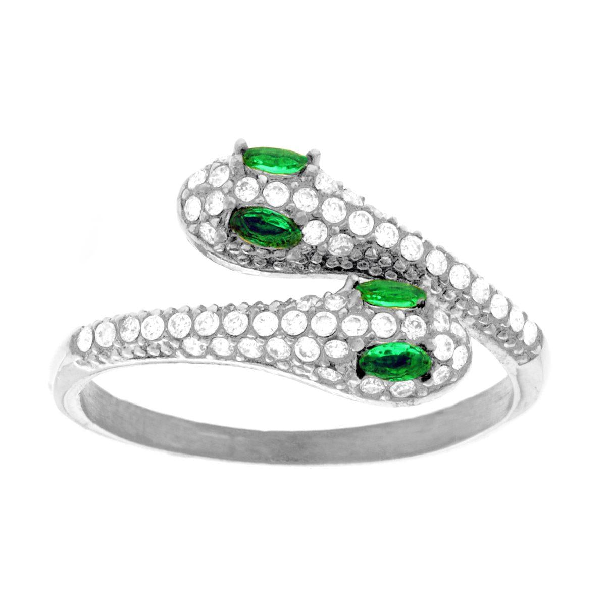 Anello Contrarie Serpenti con Crystal Bianchi e Verde Smeraldo in ACCIAIO