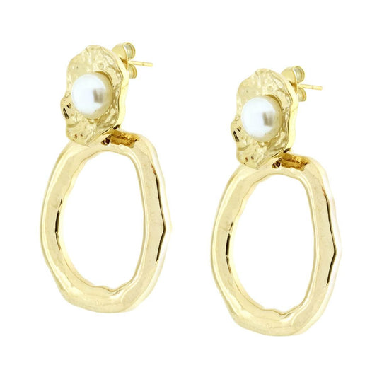 Orecchini con Piastra Ovale Martellata con Perla e Cerchi pendenti in ACCIAIO colore Oro