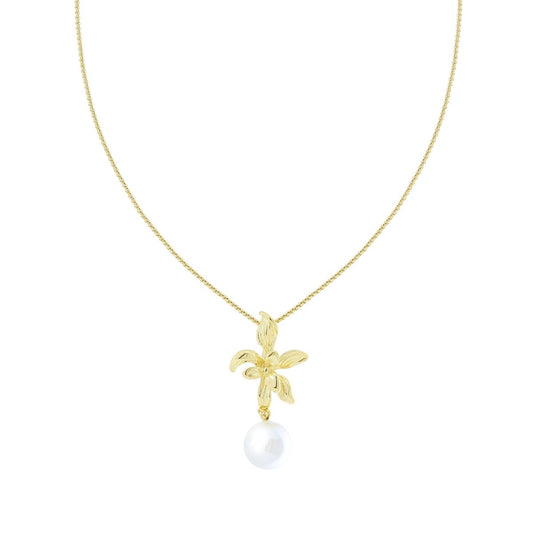 Collana Catena Veneziana Tonda con Fiore e Perla in ACCIAIO colore Oro
