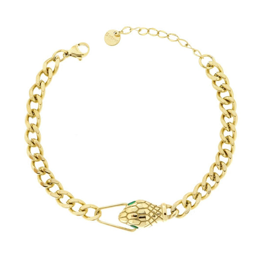 Bracciale Catena Grumetta Diamantata con Serpente e Crystal Verde Smeraldo in ACCIAIO colore Oro