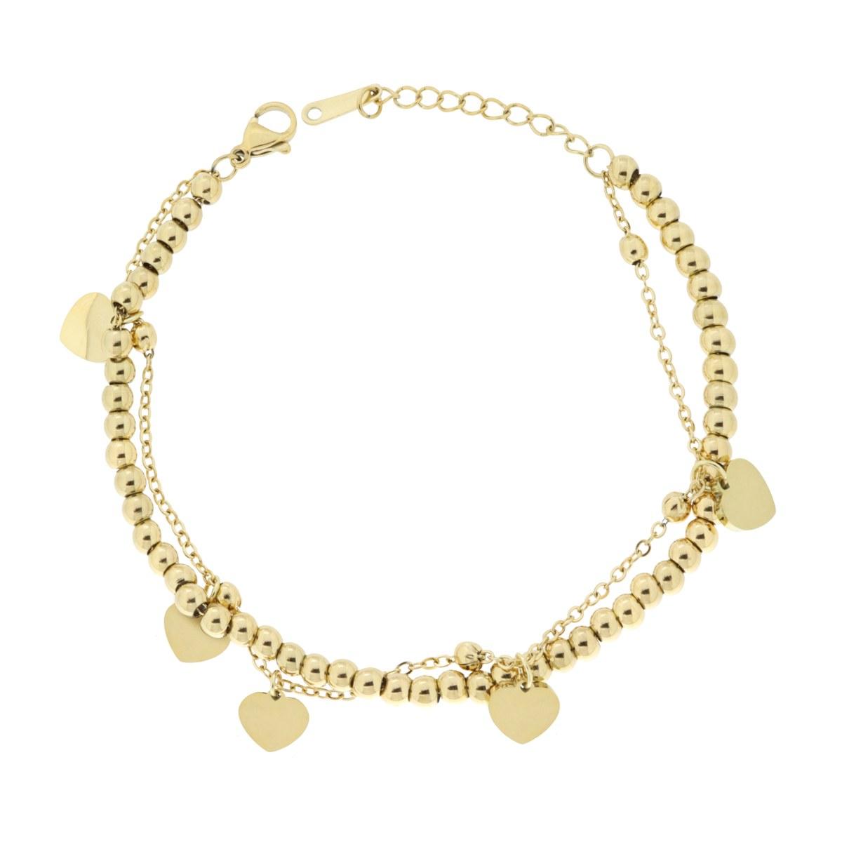 Bracciale due fili Catena Palline e Forzatina Diamantata con Cuori plain pendenti in ACCIAIO colore Oro
