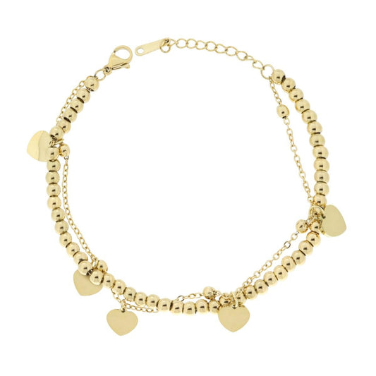 Bracciale due fili Catena Palline e Forzatina Diamantata con Cuori plain pendenti in ACCIAIO colore Oro