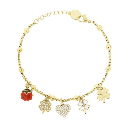 Bracciale Catena Veneziana Tonda con Coccinella Smalto Rosso e Charms Portafortuna con Crystal Bianchi in ACCIAIO colore Oro