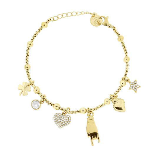 Bracciale Catena Veneziana Tonda con Charms Portafortuna e Crystal Bianchi in ACCIAIO colore Oro